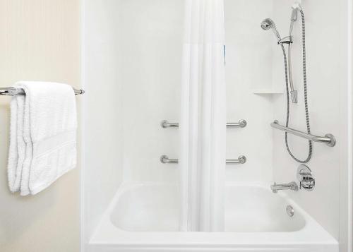 a white bathroom with a shower and a sink at Hampton Inn Dallas Irving Las Colinas in Irving