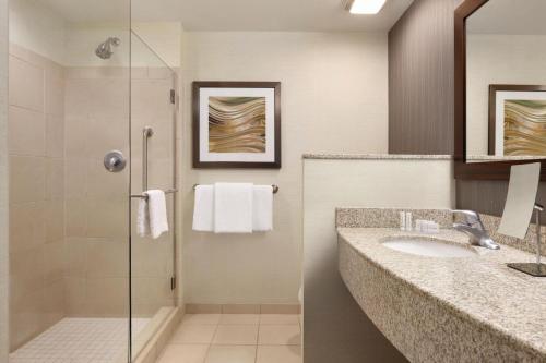 a bathroom with a sink and a shower at Courtyard Charlotte Airport North in Charlotte
