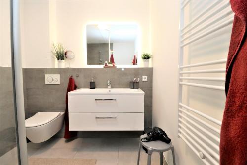 La salle de bains est pourvue d'un lavabo, de toilettes et d'un miroir. dans l'établissement Haus am Meer Haus am Meer, App 01, à Neuhaus