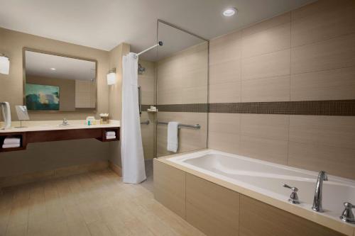 a large bathroom with a tub and a sink at Hilton Garden Inn Lubbock in Lubbock