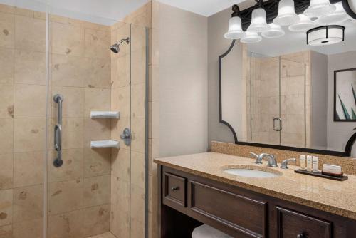 a bathroom with a shower and a sink and a mirror at Embassy Suites San Antonio Riverwalk-Downtown in San Antonio