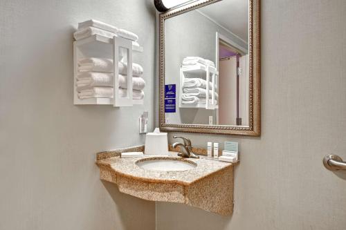 a bathroom with a sink and a mirror and towels at Hampton Inn & Suites Alexandria Old Town Area South in Alexandria