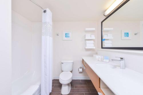 bagno con servizi igienici, lavandino e specchio di Hampton Inn Vero Beach Outlets a Vero Beach