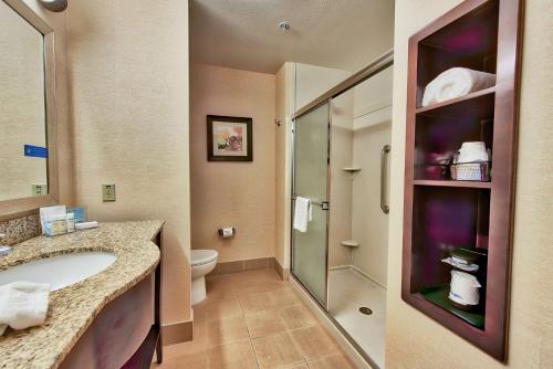 a bathroom with a sink and a shower and a toilet at Hampton Inn & Suites Ridgecrest in Ridgecrest