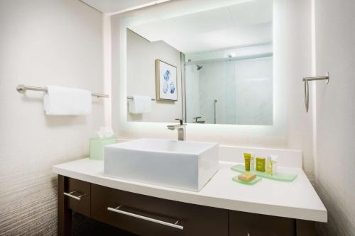bagno con lavandino bianco e specchio di Hilton Charlotte University Place a Charlotte