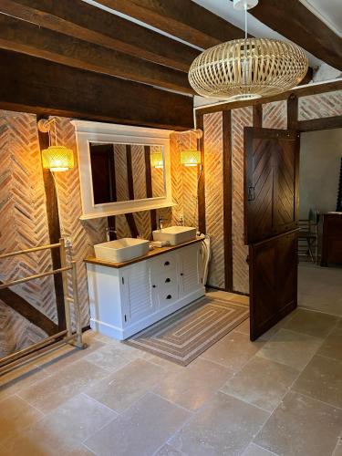 une salle de bain avec un lavabo et un miroir dans l'établissement Gîte de charme-aux portes de Chambord-2h de Paris, à Huisseau-sur-Cosson