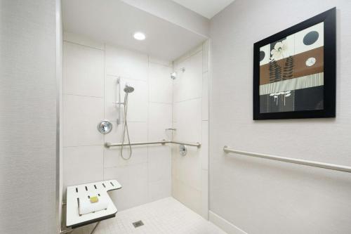 a bathroom with a shower and a toilet at DoubleTree by Hilton Colorado Springs in Colorado Springs