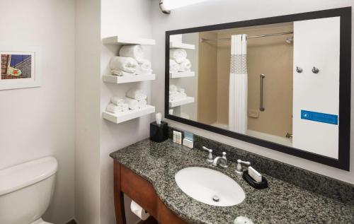 a bathroom with a sink and a toilet and a mirror at Hampton Inn & Suites Little Rock-Downtown in Little Rock