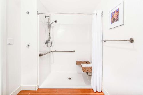 um chuveiro numa casa de banho branca com uma cortina de chuveiro em Hampton Inn & Suites Bethlehem em Bethlehem