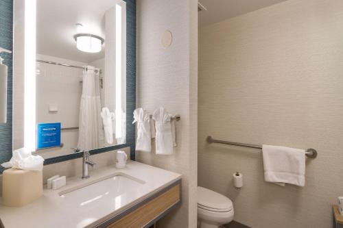 a bathroom with a sink and a toilet and a mirror at Hilton Garden Inn Madison West/Middleton in Middleton