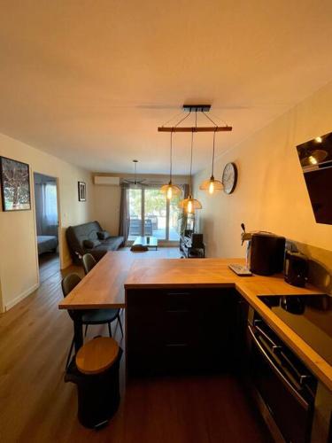 a kitchen with a counter top and a living room at L'Ovalie Appartement T2 CLIMATISÉ et JARDIN in Toulouse