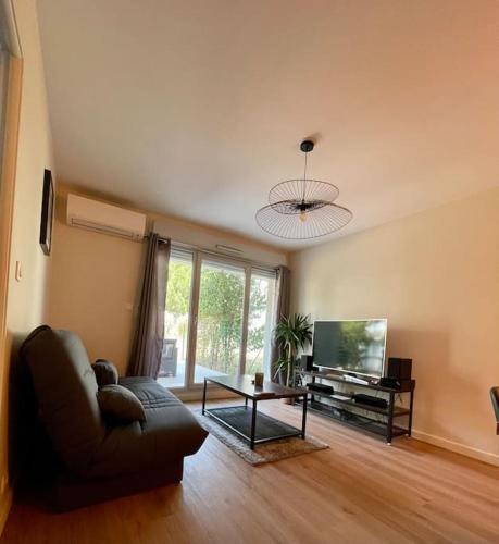 a living room with a couch and a television at L'Ovalie Appartement T2 CLIMATISÉ et JARDIN in Toulouse
