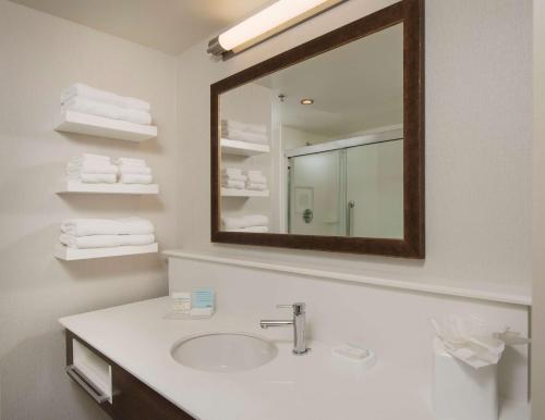 een badkamer met een wastafel, een spiegel en handdoeken bij Hampton Inn & Suites Braselton in Braselton
