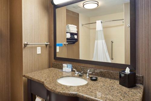 Hampton Inn & Suites Longview North في لونغفيو: حمام مع حوض ومرآة كبيرة