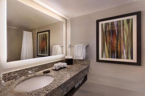 baño con lavabo y espejo grande en Embassy Suites by Hilton Palm Desert, en Palm Desert