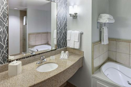 a bathroom with a sink and a toilet and a mirror at Hilton Garden Inn Lake Forest Mettawa in Lake Forest