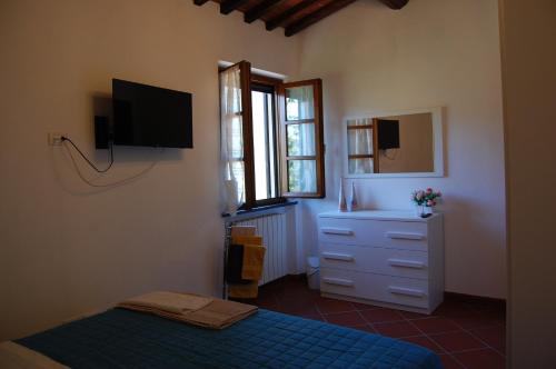 sypialnia z łóżkiem i telewizorem na ścianie w obiekcie Casa VALGRAZIOSA w mieście Calci
