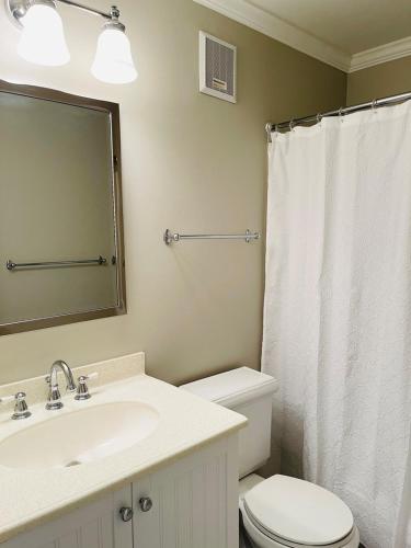 a bathroom with a toilet and a sink and a mirror at The Skipper condo in Holden Beach