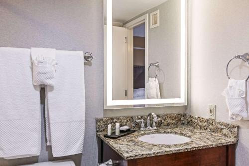 a bathroom with a sink and a mirror and a toilet at Embassy Suites by Hilton Dallas Market Center in Dallas