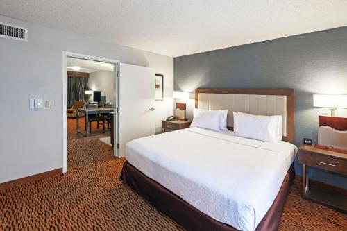 達拉斯的住宿－Embassy Suites by Hilton Dallas Market Center，酒店客房设有一张大床和一张书桌。
