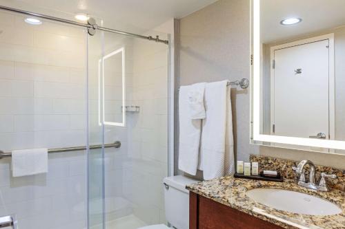 a bathroom with a toilet and a sink and a shower at Embassy Suites by Hilton Dallas Market Center in Dallas
