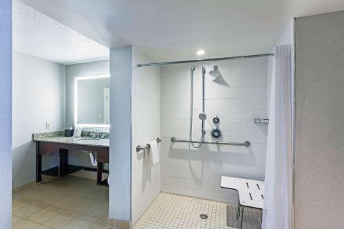 a bathroom with a shower and a sink at Embassy Suites by Hilton Dallas Market Center in Dallas