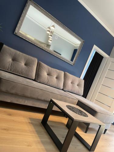 uma sala de estar com um sofá e um espelho em Apartament Navy Blue z tarasem em Serock