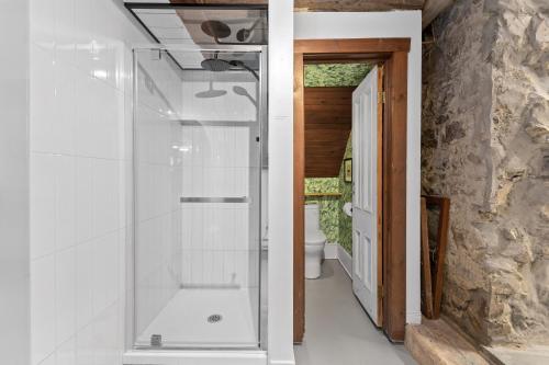 eine Glasdusche im Bad mit WC in der Unterkunft L'Artisan - Vieux-Terrebonne in Terrebonne