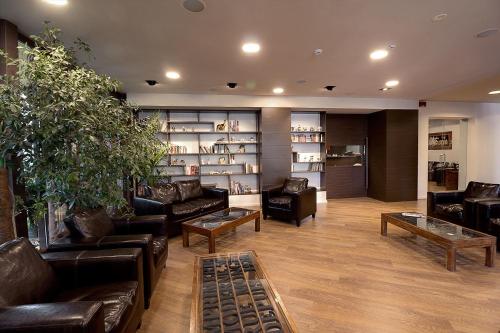 a living room with leather couches and bookshelves at Hotel Park in Castiglion Fiorentino