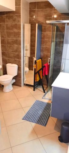 une salle de bain avec toilettes et lavabo dans l'établissement 3 pièces traversant mer montagne, 60 M2, calme, à Gorbio