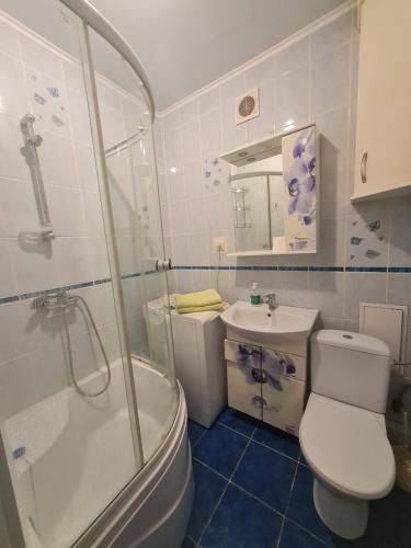 ルツカイにあるАпартаменти Гордіюк,10 поруч Адреналін Сітіのバスルーム(シャワー、トイレ、シンク付)