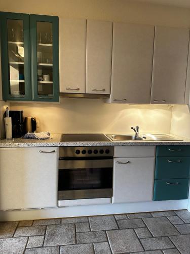 a kitchen with a stove and a sink at Appartementhaus Birkenwald in Seefeld in Tirol