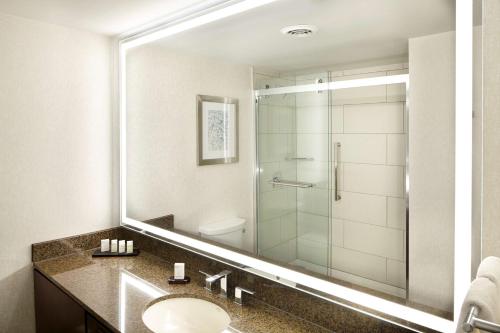 a bathroom with a glass shower and a sink at Embassy Suites by Hilton Atlanta Galleria in Atlanta