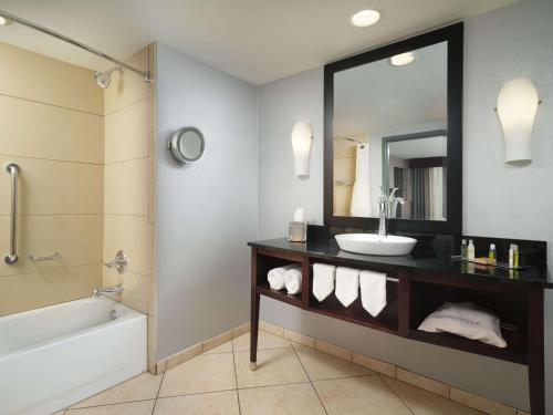 a bathroom with a sink and a tub and a mirror at DoubleTree by Hilton Hotel Chattanooga Downtown in Chattanooga