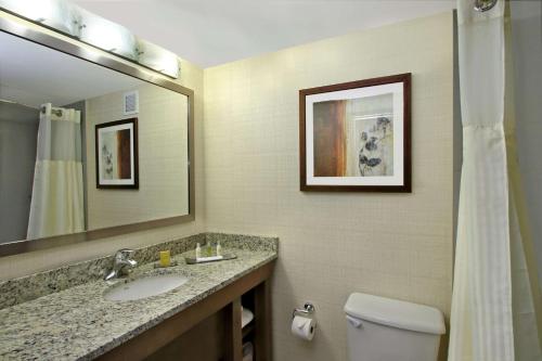 a bathroom with a sink and a toilet and a mirror at DoubleTree by Hilton Mahwah in Mahwah