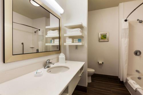 a bathroom with a sink and a mirror and a toilet at Hampton Inn & Suites Portland/Hillsboro-Evergreen Park in Hillsboro