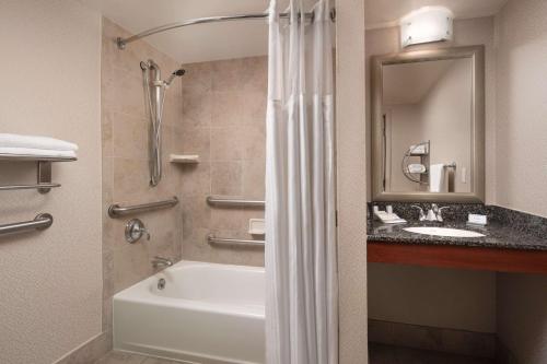y baño con bañera, lavamanos y ducha. en Hilton Garden Inn Denver Downtown en Denver