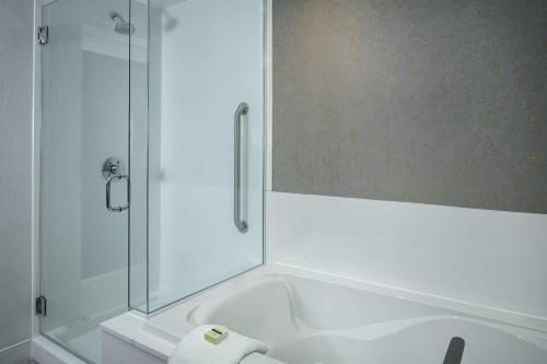Hilton Garden Inn Seattle Bellevue Downtown, WA في بلفيو: حمام مع دش وحوض استحمام