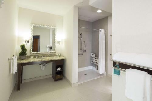 a bathroom with a sink and a shower and a mirror at Homewood Suites by Hilton Seattle/Lynnwood in Lynnwood