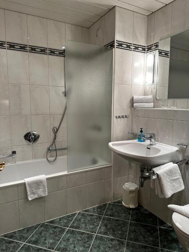 a bathroom with a shower and a sink and a tub at Appartementhaus Birkenwald in Seefeld in Tirol