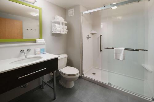 a bathroom with a shower and a toilet and a sink at Hampton Inn & Suites Houston-Medical Center-NRG Park in Houston