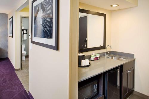 Hampton Inn & Suites Lansing West في لانسينغ: حمام مع حوض ومرآة