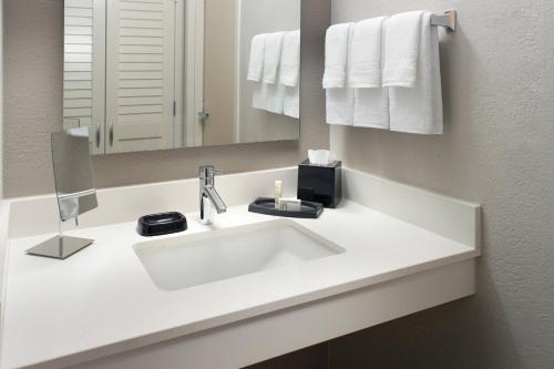 a bathroom with a white sink and a mirror at Courtyard by Marriott Perimeter Center in Atlanta
