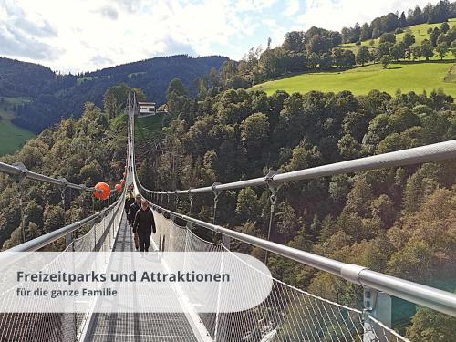 a man walking on a suspension bridge over a mountain at FeWo schwarzwaldschick Feldberg I wandern & biken ab Haustür I Whirlpool & Wlan & Balkon & Tiefgarage in Feldberg