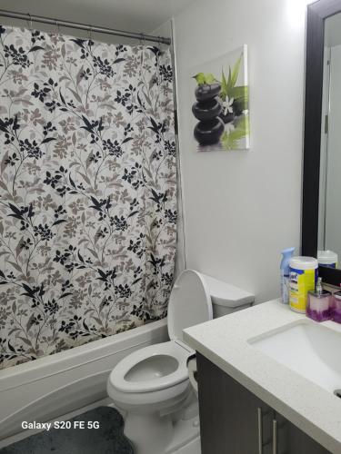uma casa de banho com um WC e uma cortina de chuveiro em Nice private 2 bedrooms appartment em Oshawa