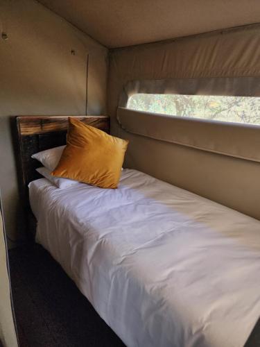 a bed with a yellow pillow in an rv at Crimson Bush Lodge in Klipdrift