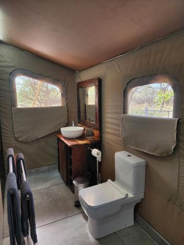 a bathroom with a toilet and a sink at Crimson Bush Lodge in Klipdrift