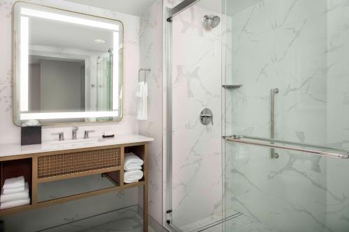 a bathroom with a shower and a sink and a mirror at Embassy Suites by Hilton Dulles North Loudoun in Ashburn
