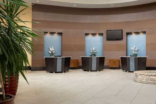 a lobby with a waiting area with a tv at Embassy Suites by Hilton Birmingham Hoover in Hoover