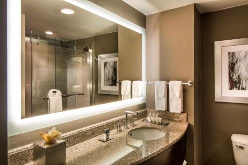 a bathroom with a sink and a large mirror at DoubleTree by Hilton Hotel Largo Washington DC in Largo
